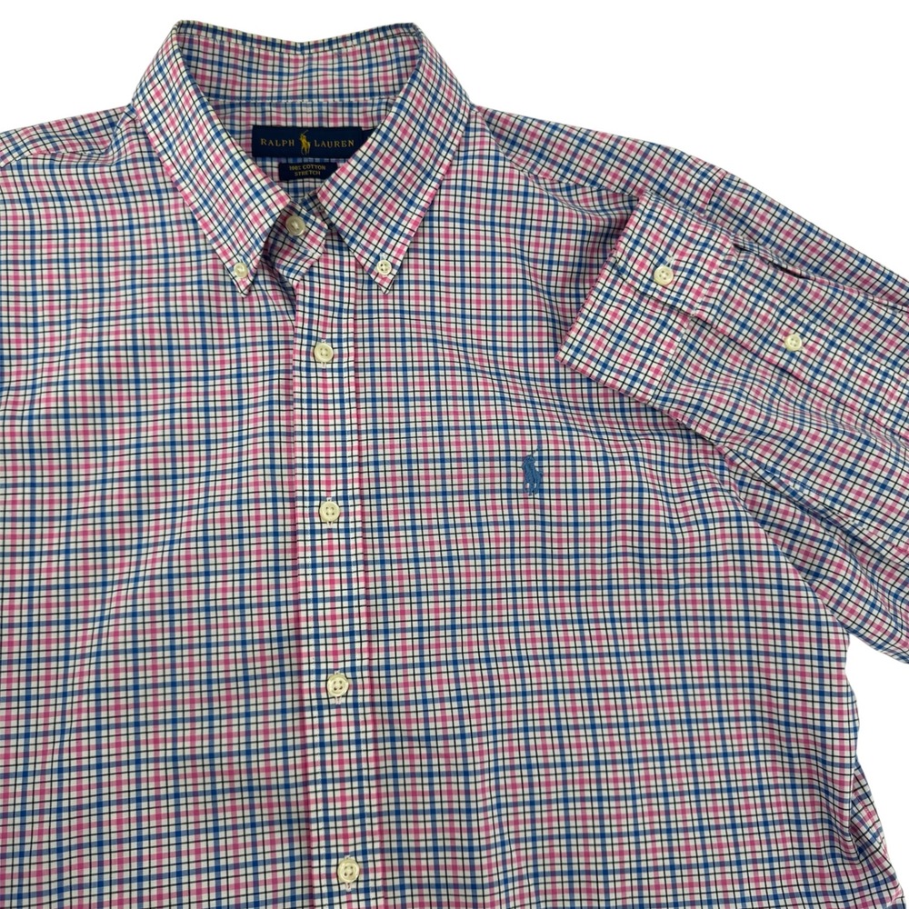 Ralph Lauren Button Down Shirt Mens L Pink Blue Plaid Cotton Stretch Long Slv